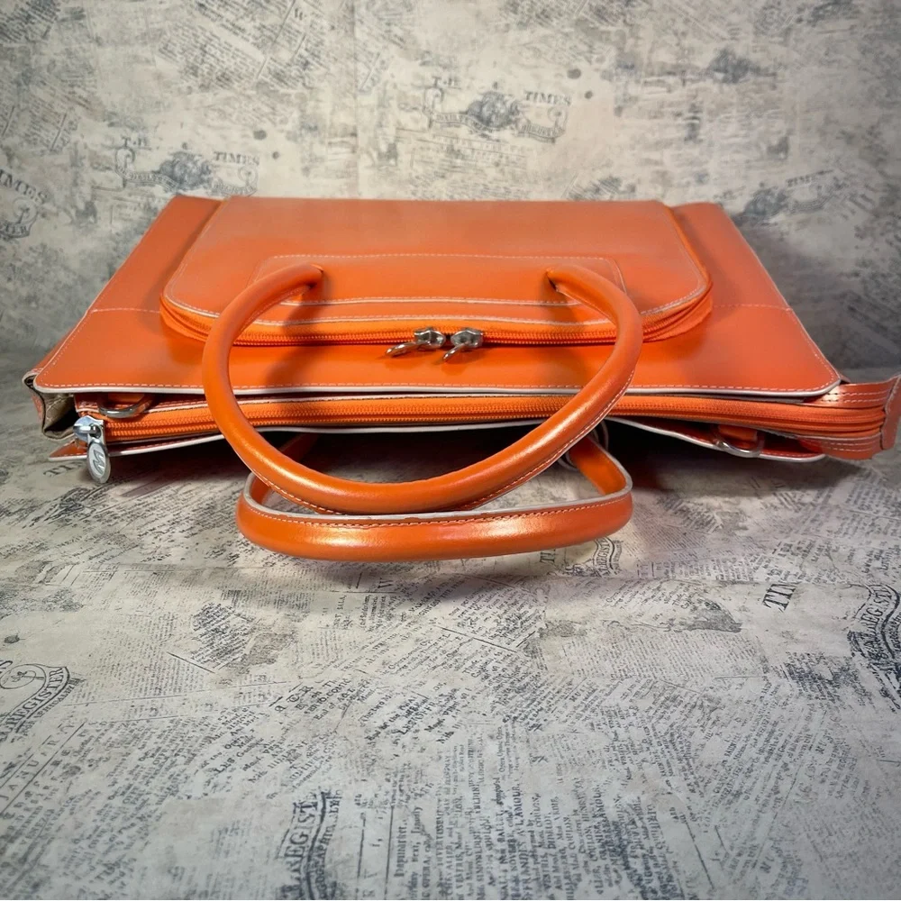 Structured Orange Leather Laptop Tote Bag with Double Handles